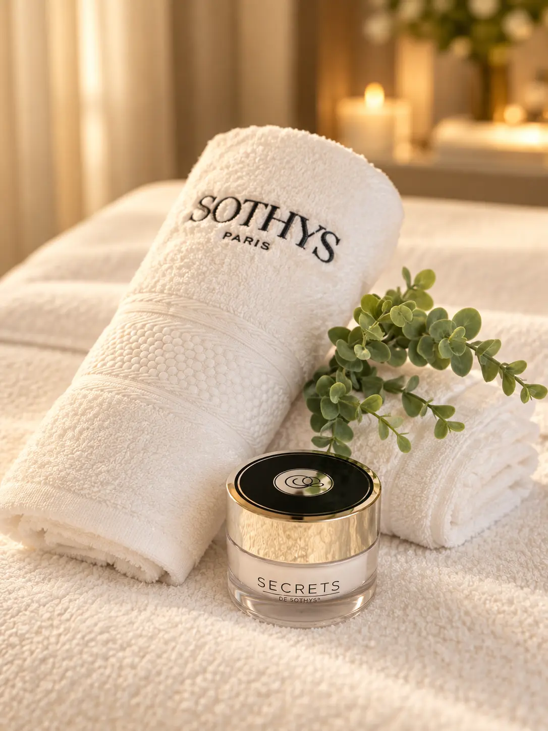 Sothys-produkter med myke håndklær og eucalyptus